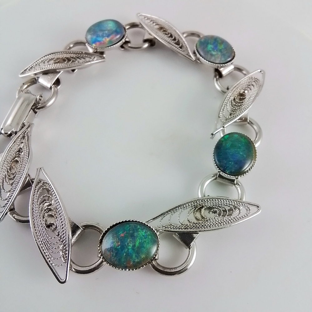 Vintage Silvertone Filigree Faux Opal 7 Inch Bracelet